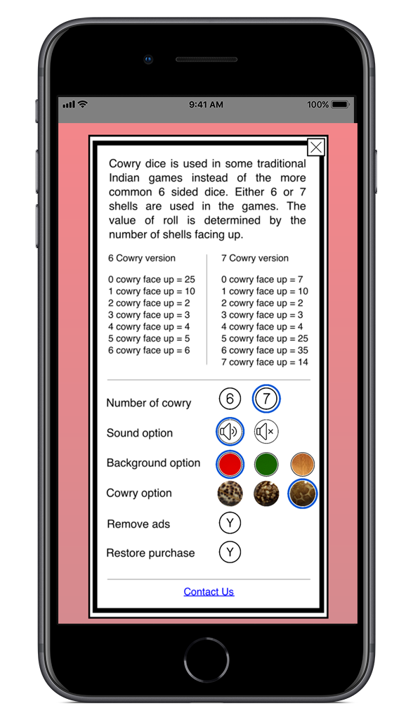 Cowry dice settings